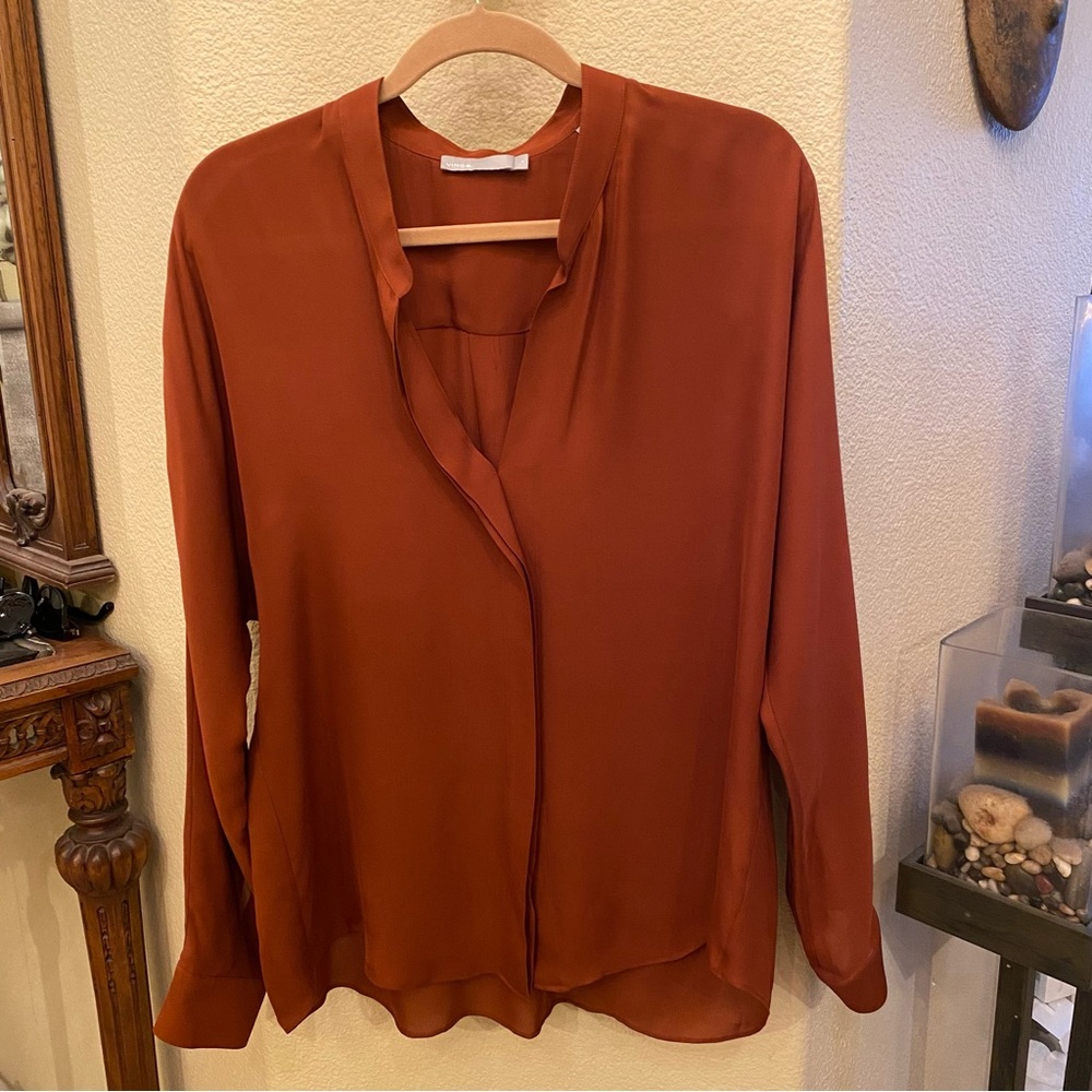 VINCE Women Rust Brown 100% Silk Long Sleeve Blouse Size 12